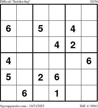 The grouppuzzles.com Difficult Sudoku-6up puzzle for Tuesday October 21, 2025