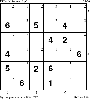The grouppuzzles.com Difficult Sudoku-6up puzzle for Tuesday October 21, 2025 with all 4 steps marked