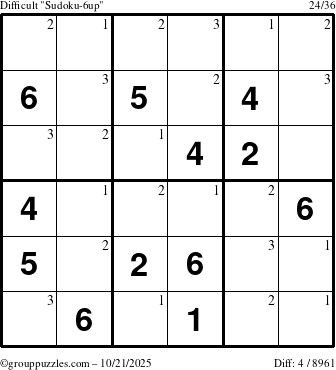 The grouppuzzles.com Difficult Sudoku-6up puzzle for Tuesday October 21, 2025 with the first 3 steps marked