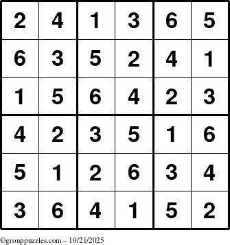 The grouppuzzles.com Answer grid for the Sudoku-6up puzzle for Tuesday October 21, 2025