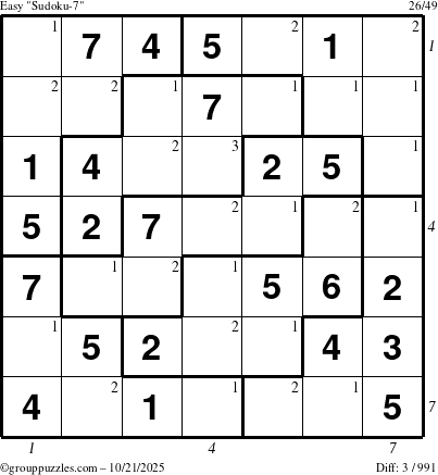 The grouppuzzles.com Easy Sudoku-7 puzzle for Tuesday October 21, 2025 with all 3 steps marked