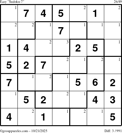 The grouppuzzles.com Easy Sudoku-7 puzzle for Tuesday October 21, 2025 with the first 3 steps marked