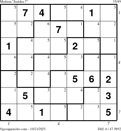 The grouppuzzles.com Medium Sudoku-7 puzzle for Tuesday October 21, 2025, suitable for printing, with all 6 steps marked