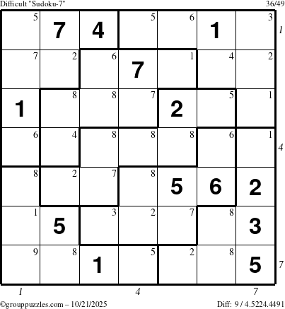 The grouppuzzles.com Difficult Sudoku-7 puzzle for Tuesday October 21, 2025 with all 9 steps marked