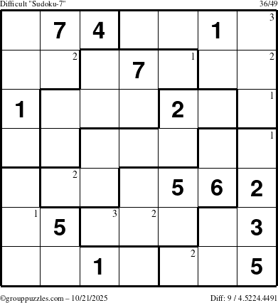The grouppuzzles.com Difficult Sudoku-7 puzzle for Tuesday October 21, 2025 with the first 3 steps marked
