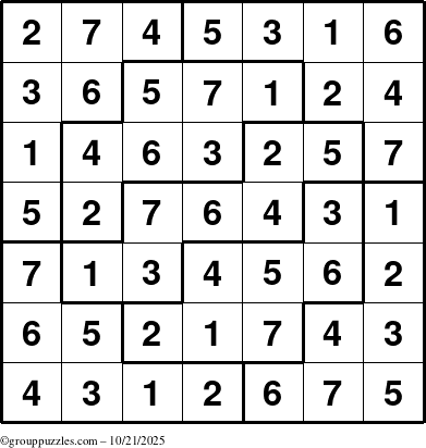 The grouppuzzles.com Answer grid for the Sudoku-7 puzzle for Tuesday October 21, 2025