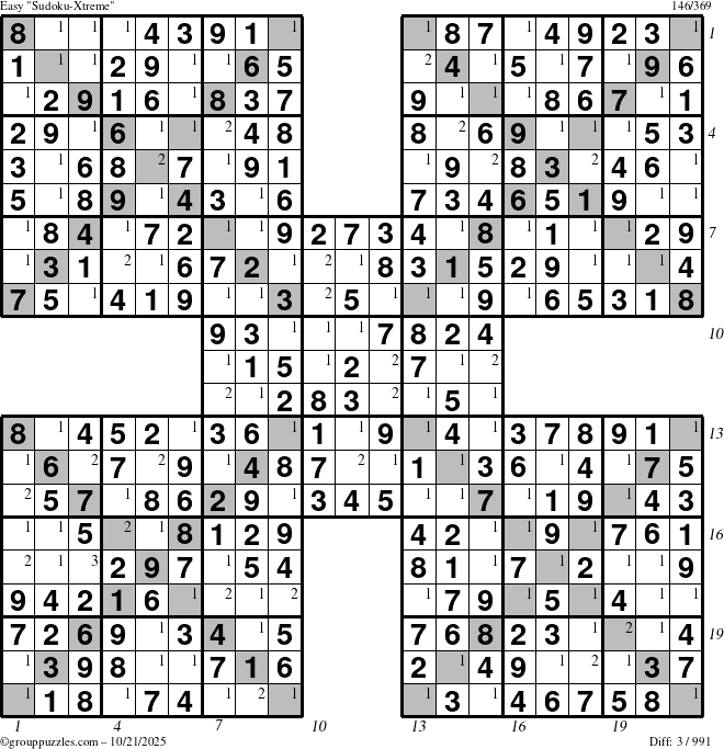 The grouppuzzles.com Easy Sudoku-Xtreme puzzle for Tuesday October 21, 2025 with all 3 steps marked