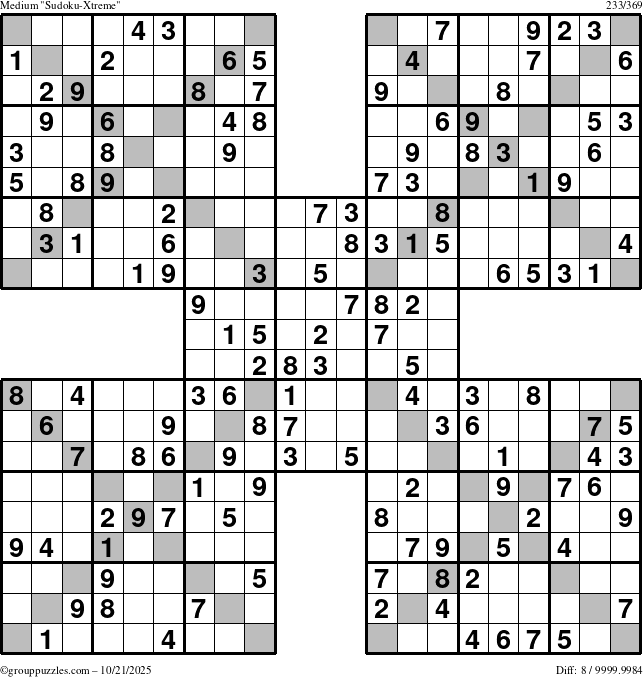 The grouppuzzles.com Medium Sudoku-Xtreme puzzle for Tuesday October 21, 2025