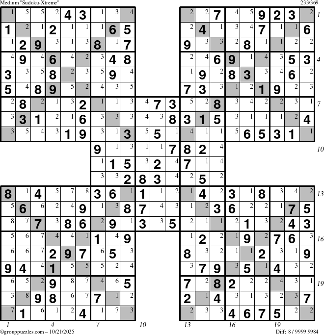 The grouppuzzles.com Medium Sudoku-Xtreme puzzle for Tuesday October 21, 2025 with all 8 steps marked