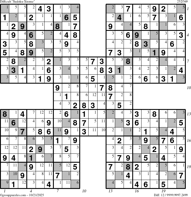 The grouppuzzles.com Difficult Sudoku-Xtreme puzzle for Tuesday October 21, 2025 with all 12 steps marked