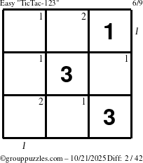 The grouppuzzles.com Easy TicTac-123 puzzle for Tuesday October 21, 2025 with all 2 steps marked