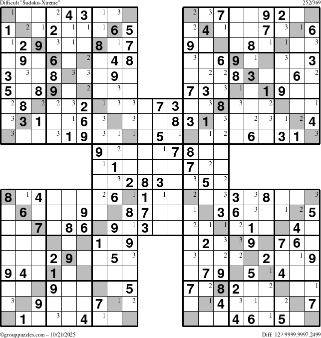 The grouppuzzles.com Difficult Sudoku-Xtreme puzzle for Tuesday October 21, 2025 with the first 3 steps marked