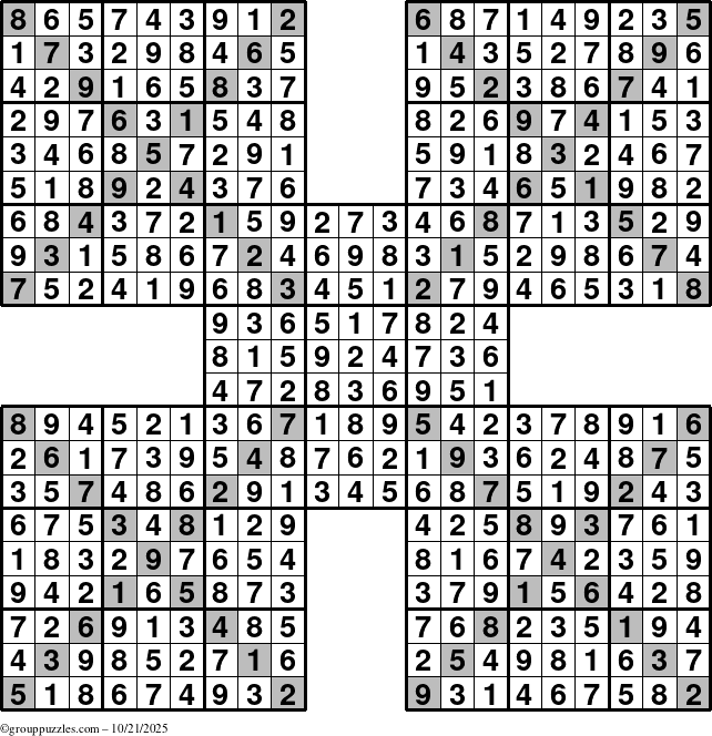 The grouppuzzles.com Answer grid for the Sudoku-Xtreme puzzle for Tuesday October 21, 2025
