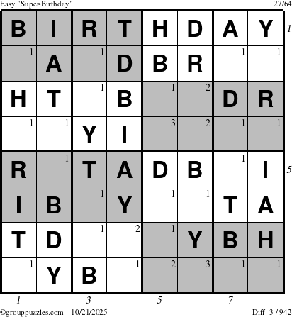The grouppuzzles.com Easy Super-Birthday puzzle for Tuesday October 21, 2025 with all 3 steps marked
