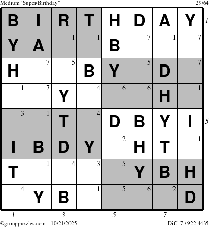The grouppuzzles.com Medium Super-Birthday puzzle for Tuesday October 21, 2025 with all 7 steps marked