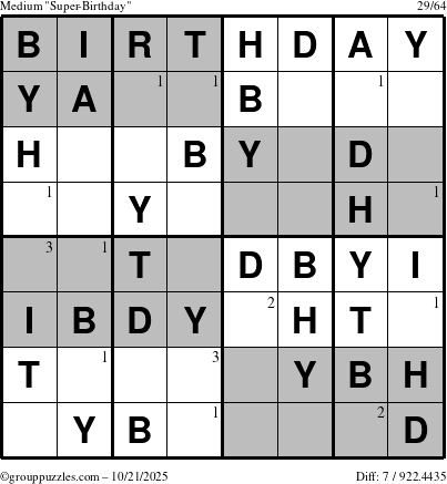The grouppuzzles.com Medium Super-Birthday puzzle for Tuesday October 21, 2025 with the first 3 steps marked