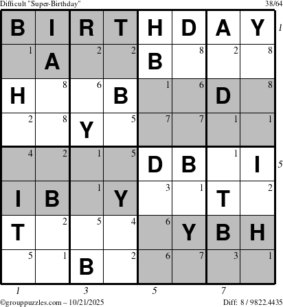 The grouppuzzles.com Difficult Super-Birthday puzzle for Tuesday October 21, 2025 with all 8 steps marked