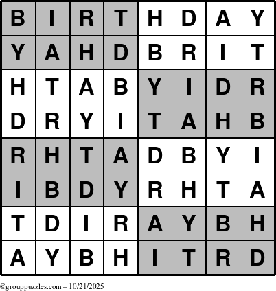 The grouppuzzles.com Answer grid for the Super-Birthday puzzle for Tuesday October 21, 2025