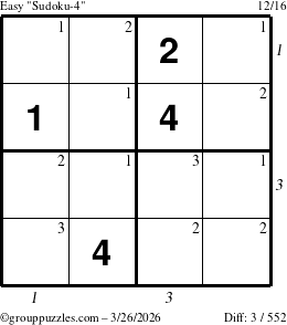 The grouppuzzles.com Easy Sudoku-4 puzzle for Thursday March 26, 2026, suitable for printing, with all 3 steps marked