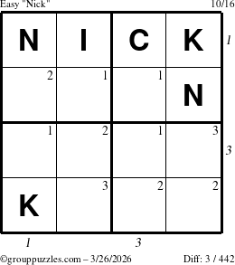 The grouppuzzles.com Easy Nick puzzle for Thursday March 26, 2026, suitable for printing, with all 3 steps marked