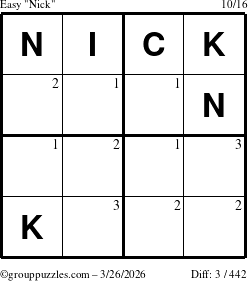 The grouppuzzles.com Easy Nick puzzle for Thursday March 26, 2026 with the first 3 steps marked