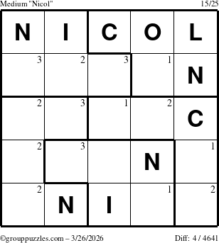 The grouppuzzles.com Medium Nicol puzzle for Thursday March 26, 2026 with the first 3 steps marked