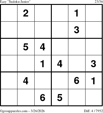 The grouppuzzles.com Easy Sudoku-Junior puzzle for Thursday March 26, 2026