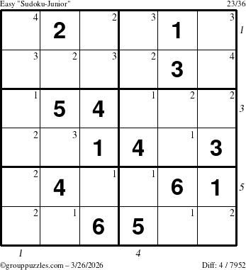 The grouppuzzles.com Easy Sudoku-Junior puzzle for Thursday March 26, 2026 with all 4 steps marked