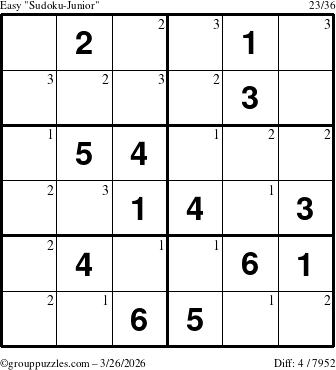 The grouppuzzles.com Easy Sudoku-Junior puzzle for Thursday March 26, 2026 with the first 3 steps marked