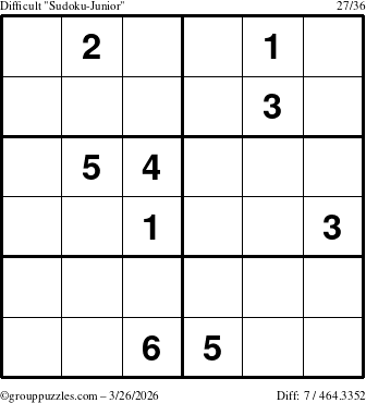The grouppuzzles.com Difficult Sudoku-Junior puzzle for Thursday March 26, 2026