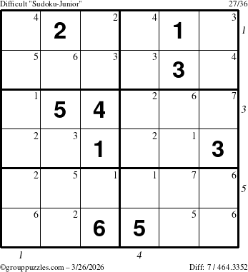 The grouppuzzles.com Difficult Sudoku-Junior puzzle for Thursday March 26, 2026, suitable for printing, with all 7 steps marked