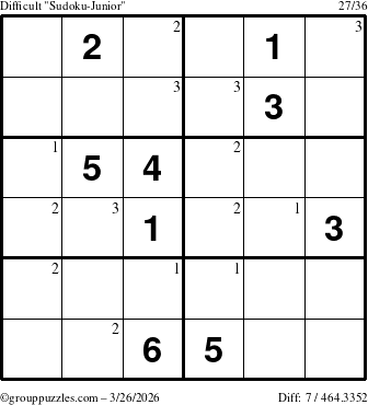 The grouppuzzles.com Difficult Sudoku-Junior puzzle for Thursday March 26, 2026 with the first 3 steps marked