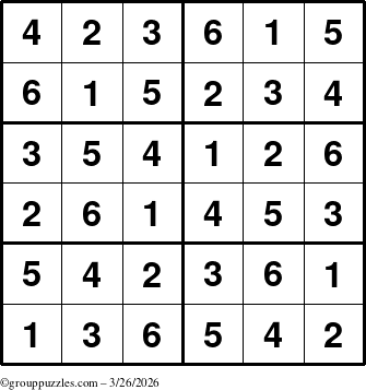 The grouppuzzles.com Answer grid for the Sudoku-Junior puzzle for Thursday March 26, 2026