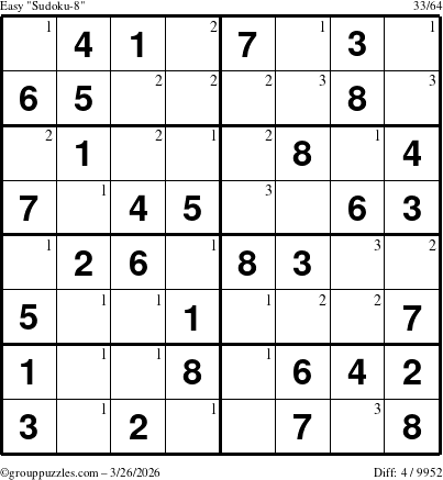 The grouppuzzles.com Easy Sudoku-8 puzzle for Thursday March 26, 2026 with the first 3 steps marked