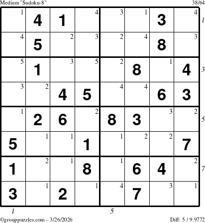 The grouppuzzles.com Medium Sudoku-8 puzzle for Thursday March 26, 2026, suitable for printing, with all 5 steps marked