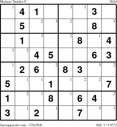 The grouppuzzles.com Medium Sudoku-8 puzzle for Thursday March 26, 2026 with the first 3 steps marked