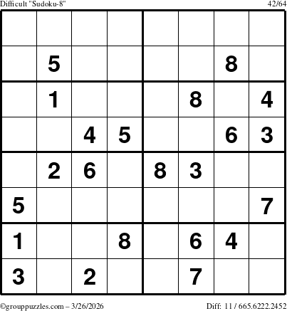 The grouppuzzles.com Difficult Sudoku-8 puzzle for Thursday March 26, 2026