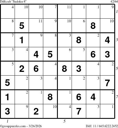 The grouppuzzles.com Difficult Sudoku-8 puzzle for Thursday March 26, 2026, suitable for printing, with all 11 steps marked