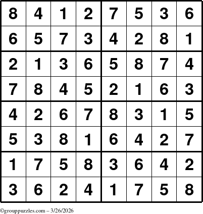 The grouppuzzles.com Answer grid for the Sudoku-8 puzzle for Thursday March 26, 2026