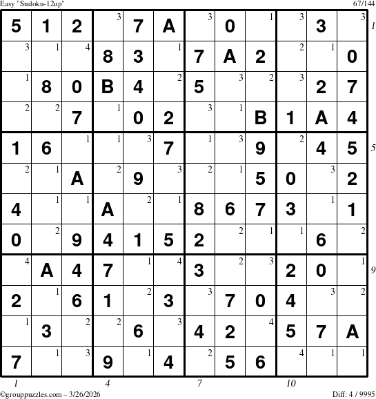 The grouppuzzles.com Easy Sudoku-12up puzzle for Thursday March 26, 2026, suitable for printing, with all 4 steps marked