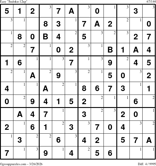 The grouppuzzles.com Easy Sudoku-12up puzzle for Thursday March 26, 2026 with the first 3 steps marked