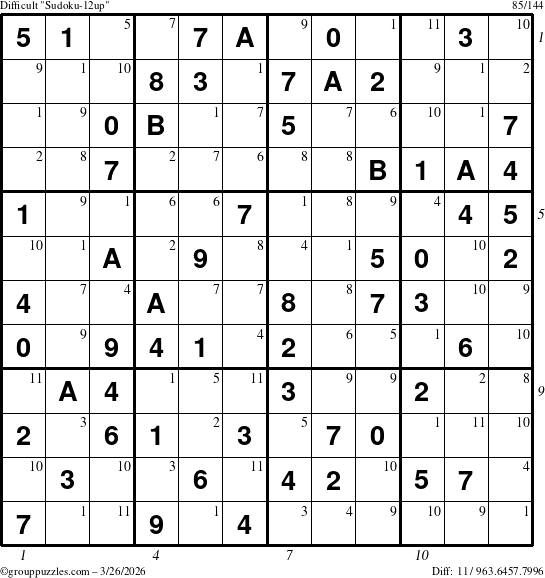 The grouppuzzles.com Difficult Sudoku-12up puzzle for Thursday March 26, 2026, suitable for printing, with all 11 steps marked
