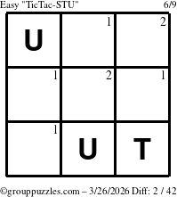 The grouppuzzles.com Easy TicTac-STU puzzle for Thursday March 26, 2026 with the first 2 steps marked