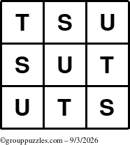 The grouppuzzles.com Answer grid for the TicTac-STU puzzle for Thursday September 3, 2026