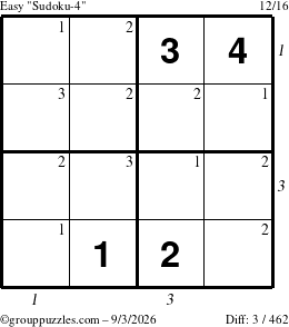 The grouppuzzles.com Easy Sudoku-4 puzzle for Thursday September 3, 2026, suitable for printing, with all 3 steps marked