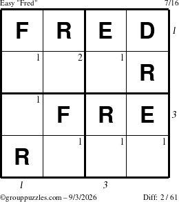 The grouppuzzles.com Easy Fred puzzle for Thursday September 3, 2026, suitable for printing, with all 2 steps marked