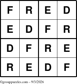 The grouppuzzles.com Answer grid for the Fred puzzle for Thursday September 3, 2026