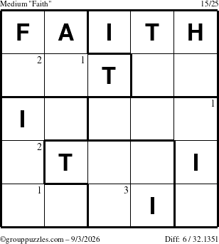 The grouppuzzles.com Medium Faith puzzle for Thursday September 3, 2026 with the first 3 steps marked