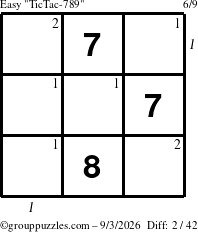 The grouppuzzles.com Easy TicTac-789 puzzle for Thursday September 3, 2026, suitable for printing, with all 2 steps marked