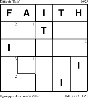 The grouppuzzles.com Difficult Faith puzzle for Thursday September 3, 2026 with the first 3 steps marked